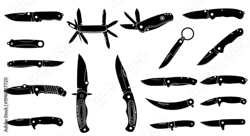 Diverse Knives and Multi-tools Silhouette Icons Vector Set for Outdoor, Survival, and Utility