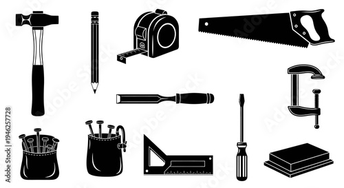 Black and White Woodworking Hand Tools Glyph Icon Set
