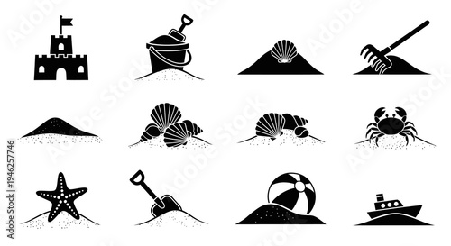 Black and White Glyph Beach Icons Set: Summer Vacation Sand  Sea Elements Collection