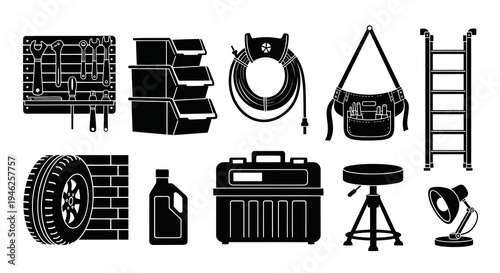 Black  White Glyph Icons of Garage Tools and Workshop Equipment for DIY  Automotive Repair
