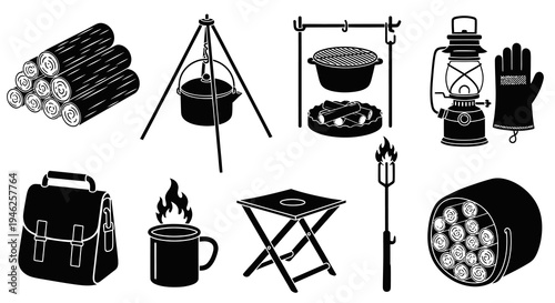 Outdoor Camping Gear  Campfire Accessories Glyph Icons Set. Adventure Equipment Silhouettes
