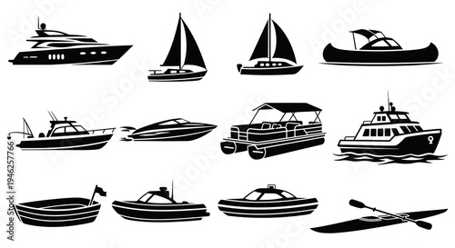 Diverse Nautical Boat Silhouettes Vector Icon Set - Water Transport  Recreation