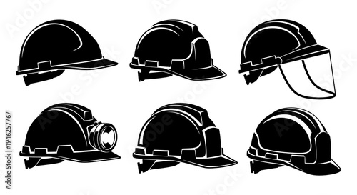 Construction  Industrial Safety Hard Hats Black Silhouettes Vector Icons Set