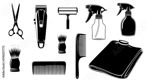 Barbershop Hairdressing Grooming Tools Black Silhouette Vector Art Set