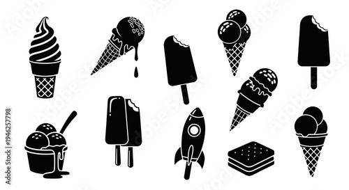 Food Sweet Treats Ice Cream Glyph Icons Set - Black  White Vector Collection