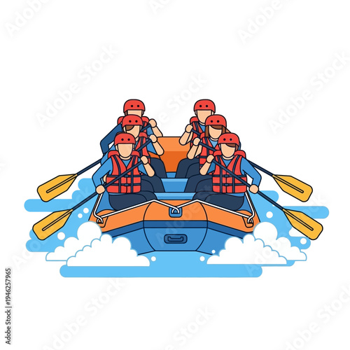 Rafting team paddling down river, adventure water sport, flat illustration