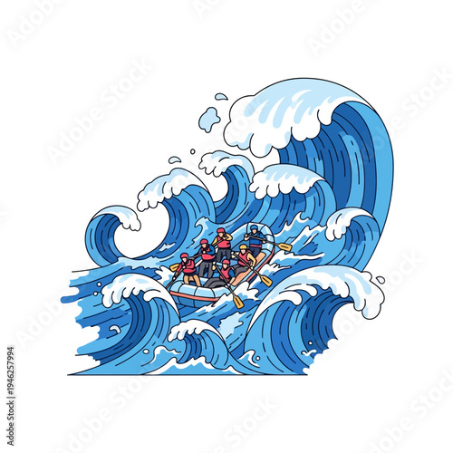 Rafting team navigating massive ocean waves, adventure, extreme sport, dynamic water