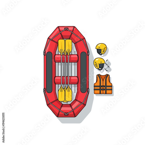 Red inflatable raft with paddles, helmets, and life vest, top view, isolated on white