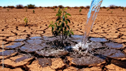 Wallpaper Mural Water pouring onto a plant growing in dry cracked earth, a visual metaphor of life and growth Torontodigital.ca