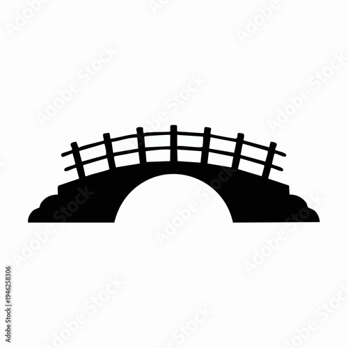 black silhouette of a small arched bridge with railing