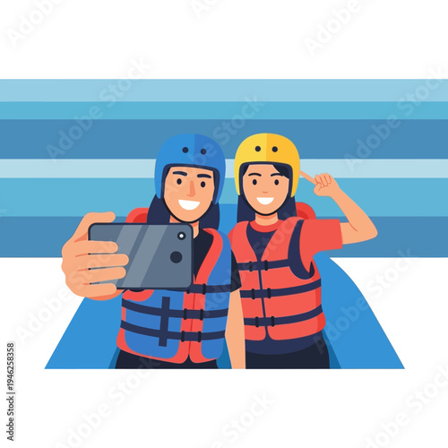 Two friends taking a selfie on a raft wearing life jackets and helmets