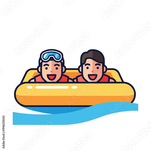 Two happy people in an inflatable raft on the water, summer fun vector illustration