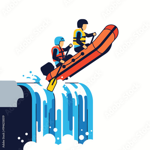 Two people rafting over a waterfall in an orange inflatable boat, adventure sport
