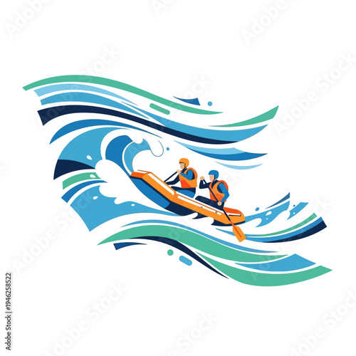 Two people rafting on a stylized wave, adventure concept