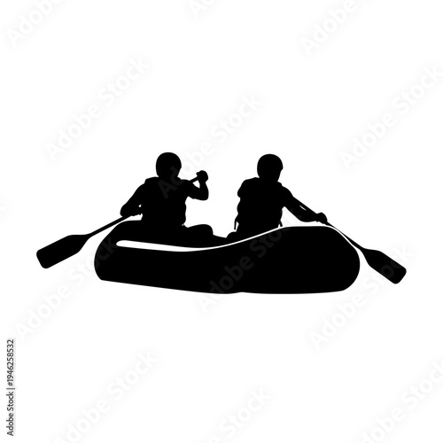 Two people silhouette rafting on white background