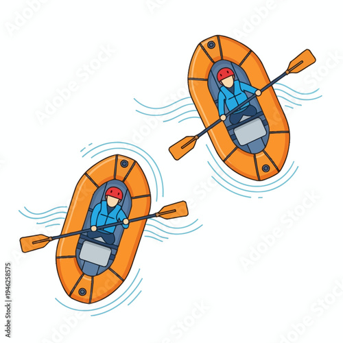 Two rafts with people paddling down a river, top view flat illustration