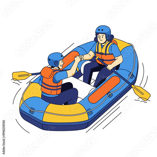 Two people white water rafting, teamwork, adventure, extreme sport, illustration