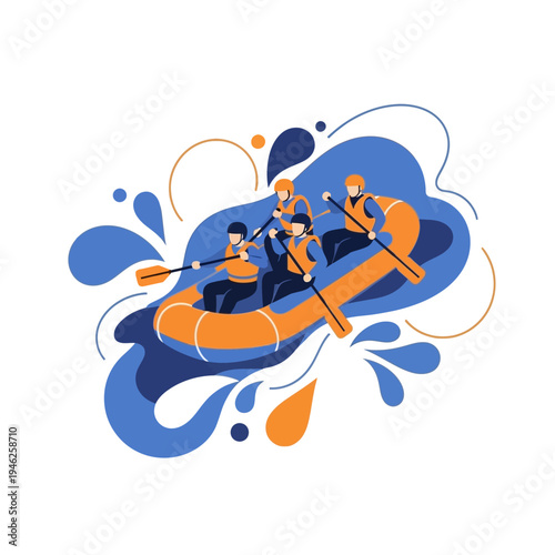 White water rafting adventure, team paddling in inflatable boat, extreme sport illustration