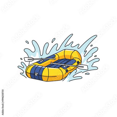 Yellow inflatable raft with oars splashing through water, adventure sport illustration