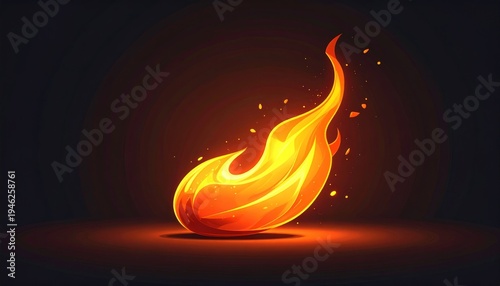 Animated, stylized flame with sparks, radiating warmth against a dark background