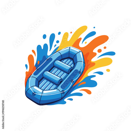 Blue inflatable raft surrounded by colorful water splashes, vector illustration