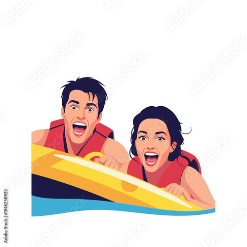 Excited Couple Enjoying Waterslide Ride Together on Yellow Tube