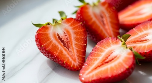 Fresh strawberries with bright red skin and juicy flesh, perfect for healthy snacks, desserts, smoothies, and tropical fruit compositions.