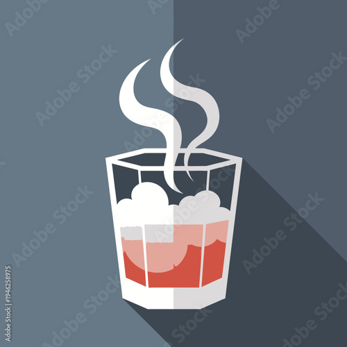 Steaming Cocktail Glass with Ice and Red Liquid, Long Shadow, Flat Design