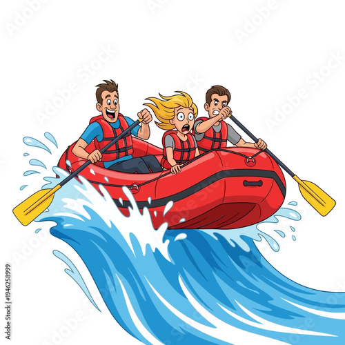 Excited People Rafting Down Rapids, Cartoon Style