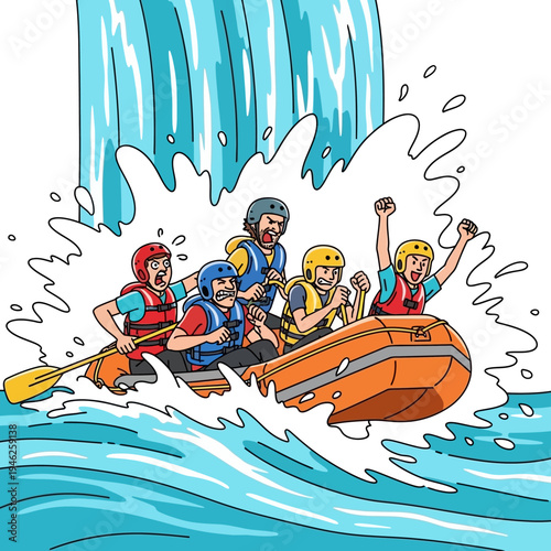 Excited people whitewater rafting down a waterfall, adventure sport
