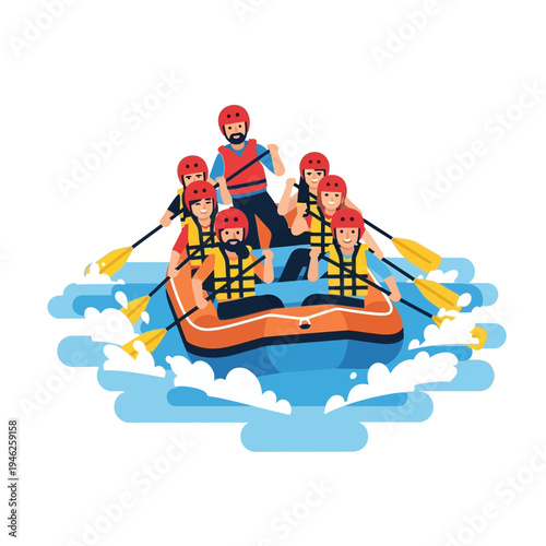 Group of people rafting down a river on an inflatable boat, adventure activity