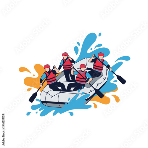 Group Rafting Adventure on White Water Rapids with Oars and Life Vests