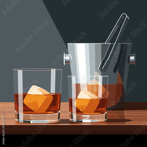 Two glasses of whiskey with ice cubes and ice bucket on wooden table
