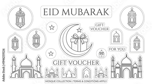 Eid Mubarak 2026 gift voucher design featuring crescent moon, gift box, lanterns, mosque silhouettes, Islamic festive artwork, cultural holiday card and traditional Muslim celebration decorative backg
