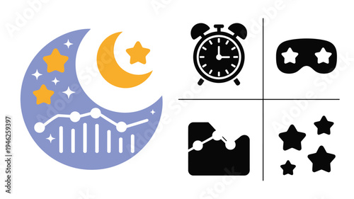 Sleep tracking illustration featuring crescent moon, stars, alarm clock, sleep mask, data folder, nighttime icons, rest analysis concept and modern wellness design collection