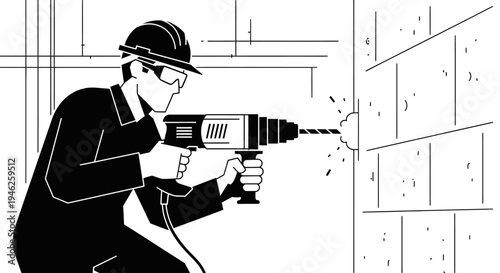 Construction worker drilling a hole in a brick wall with a power tool.