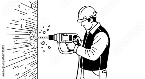 Construction worker drilling a hole in a brick wall with a power tool.