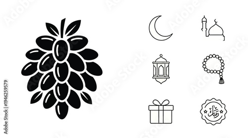 Islamic culture illustration featuring dates fruit, crescent moon, mosque minaret, lantern, prayer beads, gift box, Arabic calligraphy emblem, Ramadan artwork and Eid celebration design collection