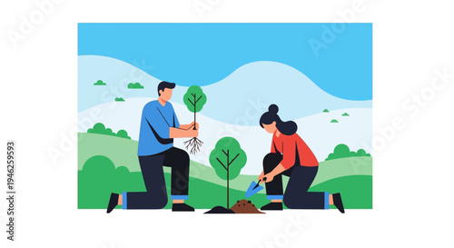 Couple planting trees together in a park for environmental conservation.