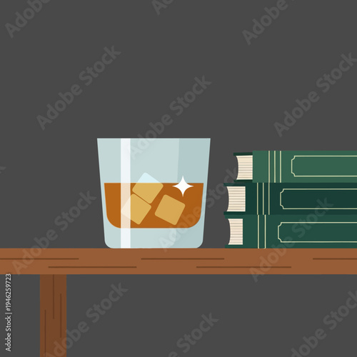 Whiskey glass with ice cubes and stack of books on shelf, cozy evening mood