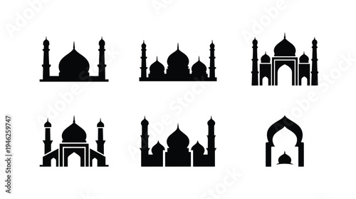 Architecture, Landmark, Taj Mahal, Heritage, Tourism silhouettes showing domes, minarets, arches, and Islamic design icons