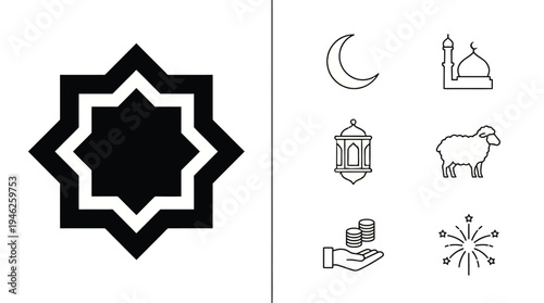 Islamic star illustration featuring geometric pattern, crescent moon, mosque, lantern, sheep, charity hand, spark symbol, Ramadan artwork and Eid celebration design collection