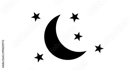 Crescent moon and stars graphic illustration.