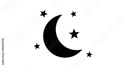 Crescent moon and stars silhouette against white background.