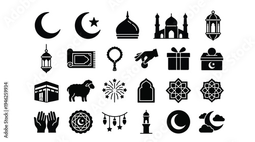 Islamic icon grid illustration featuring crescent moon, mosque, lantern, prayer rug, tasbih beads, sheep, gift box, geometric patterns, Ramadan artwork and Eid celebration design collection