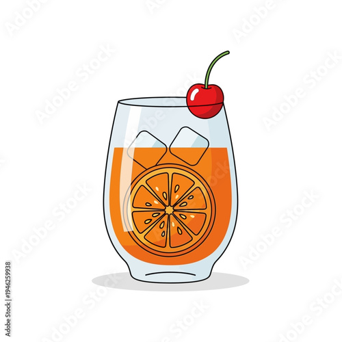 Refreshing orange cocktail with ice, orange slice, and cherry garnish in a glass