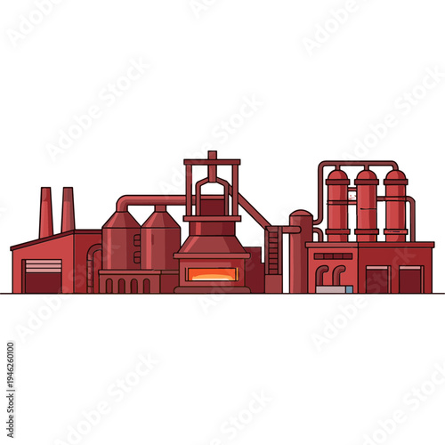 An industrial factory complex with smokestacks and machinery operates in a landscape.