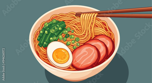 Delicious bowl of ramen noodles with chopsticks and toppings.