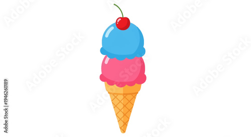 Delicious double scoop ice cream cone with cherry on top.