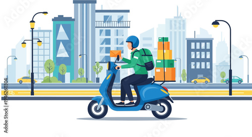 Delivery person riding a scooter through a city street with packages.